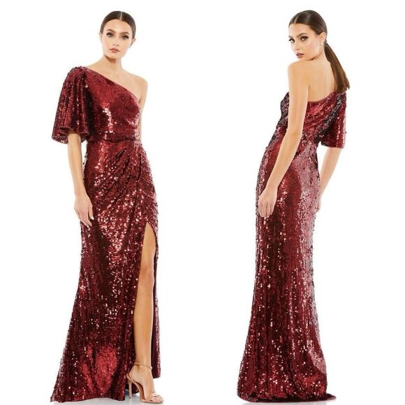 Mac Duggal 93540 Embellished One Shoulder Slit Burgundy Red Sequin Gown Dress 10